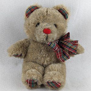Applause Plush Vintage 1984 Christmas Teddy Bear Red & Green Plaid Bow Ears 10”